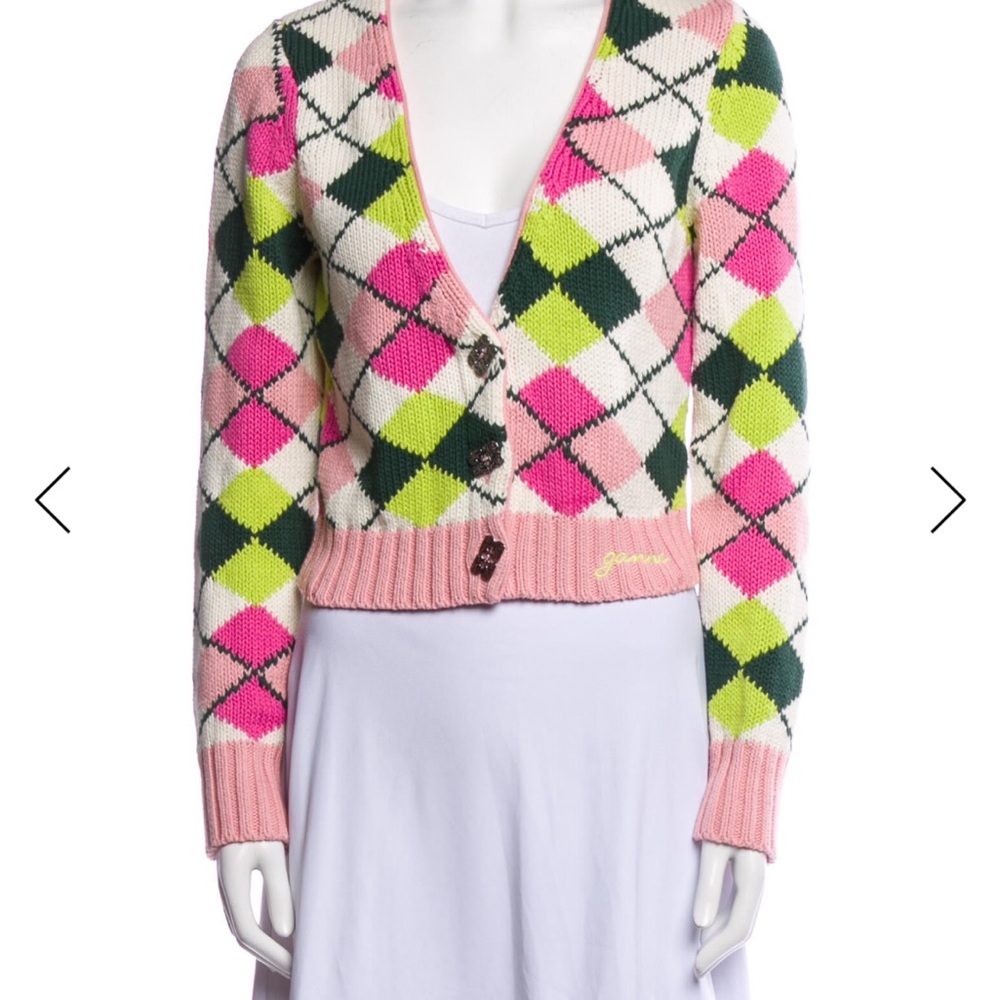 Ganni Pink and Green Argyle Cardigan